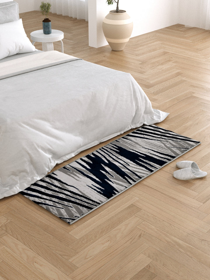 Bedside Runner Carpet Rug With Anti Skid Backing; 57x140 cms; Blue Grey Abstract
