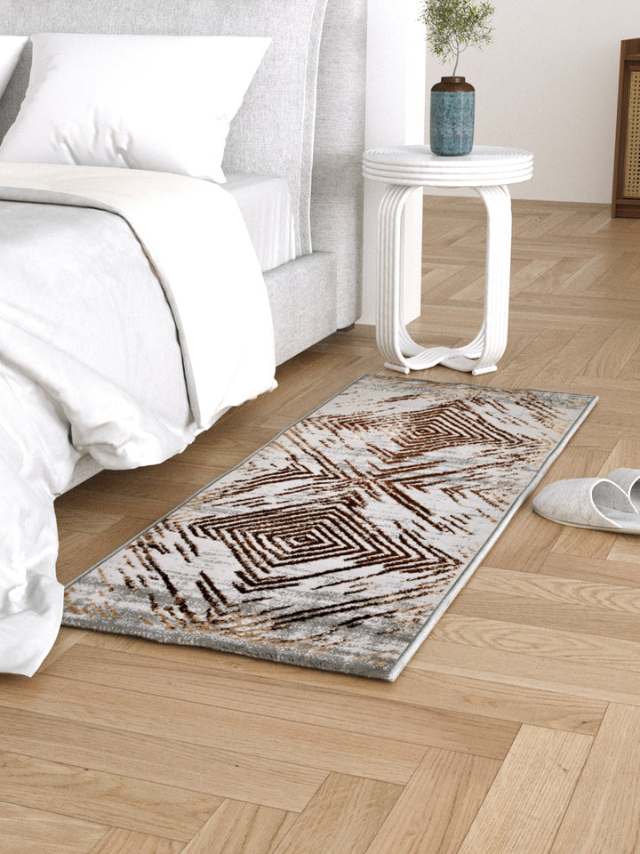 Bedside Runner Carpet Rug With Anti Skid Backing; 57x140 cms; Brown Grey Abstract