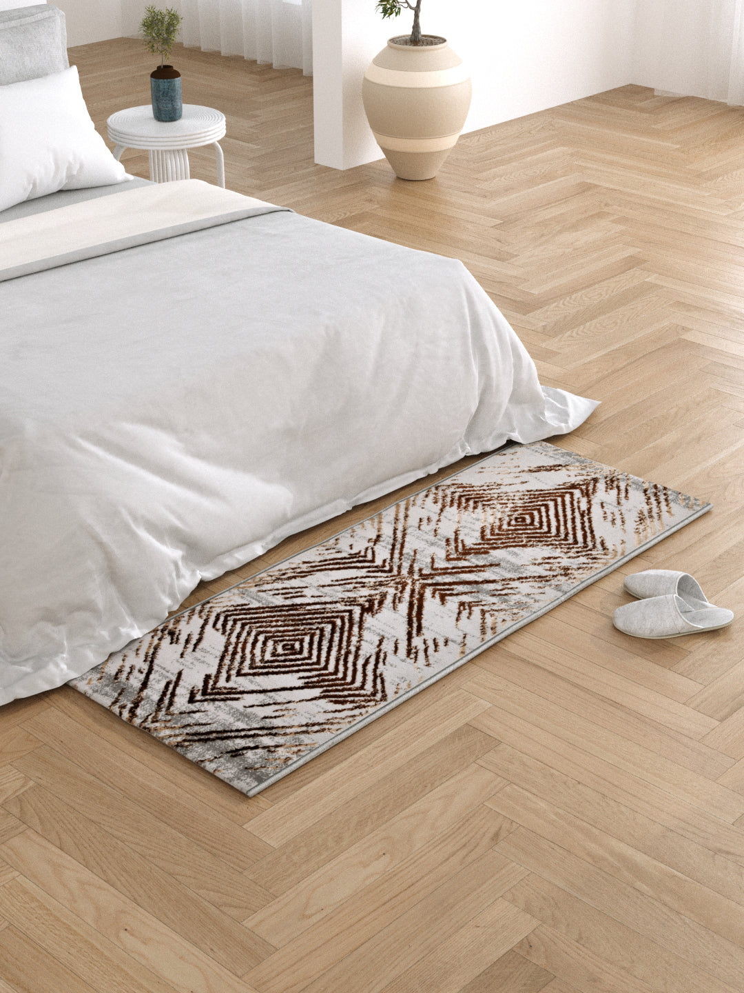 Bedside Runner Carpet Rug With Anti Skid Backing; 57x140 cms; Brown Grey Abstract