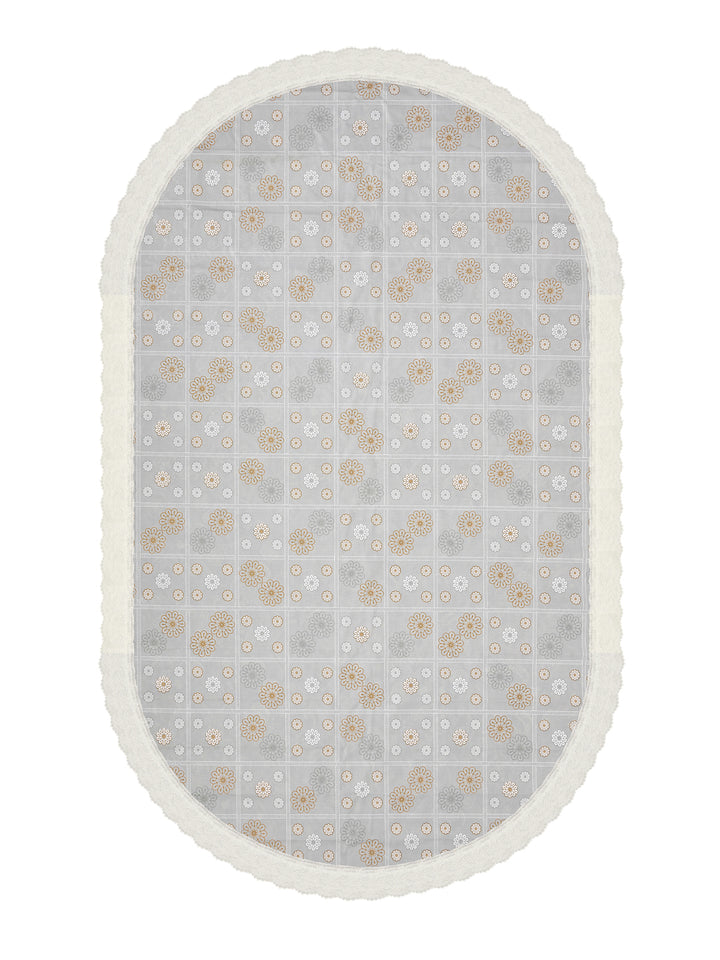 8 Seater Oval Dining Table Cover; 60x108 Inches; Material - PVC; Anti Slip; Golden On Grey