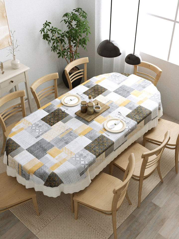 8 Seater Oval Dining Table Cover; 60x108 Inches; Material - PVC; Anti Slip; Black, Grey & Beige Checks