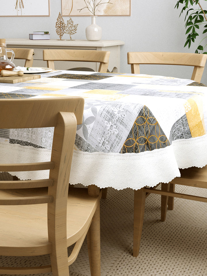 8 Seater Oval Dining Table Cover; 60x108 Inches; Material - PVC; Anti Slip; Black, Grey & Beige Checks