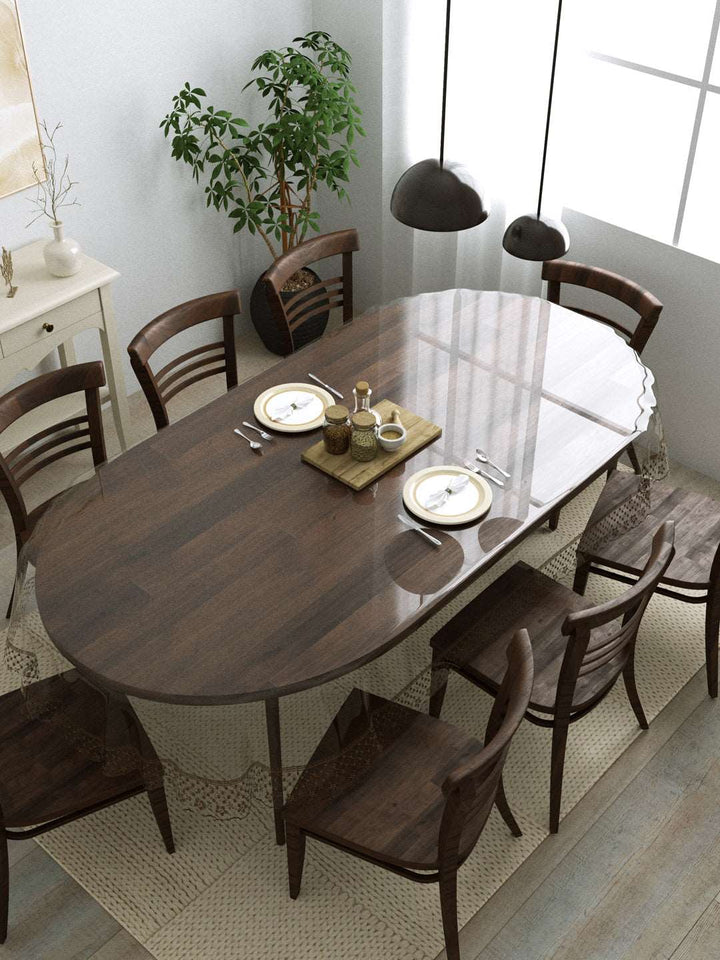 8 Seater Oval Anti Slip Transparent Table Cover; Material PVC; 60x108 Inches ; Brown Tipping Lace
