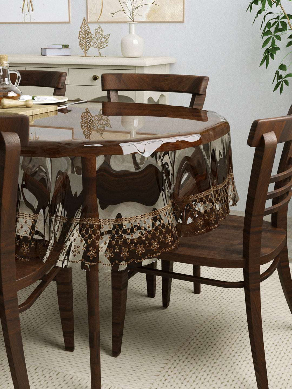 8 Seater Oval Anti Slip Transparent Table Cover; Material PVC; 60x108 Inches ; Brown Tipping Lace