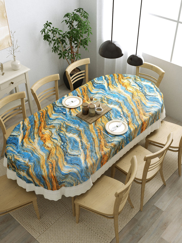 8 Seater Oval Dining Table Cover; 60x108 Inches; Material - PVC; Anti Slip; Blue & Golden Abstract