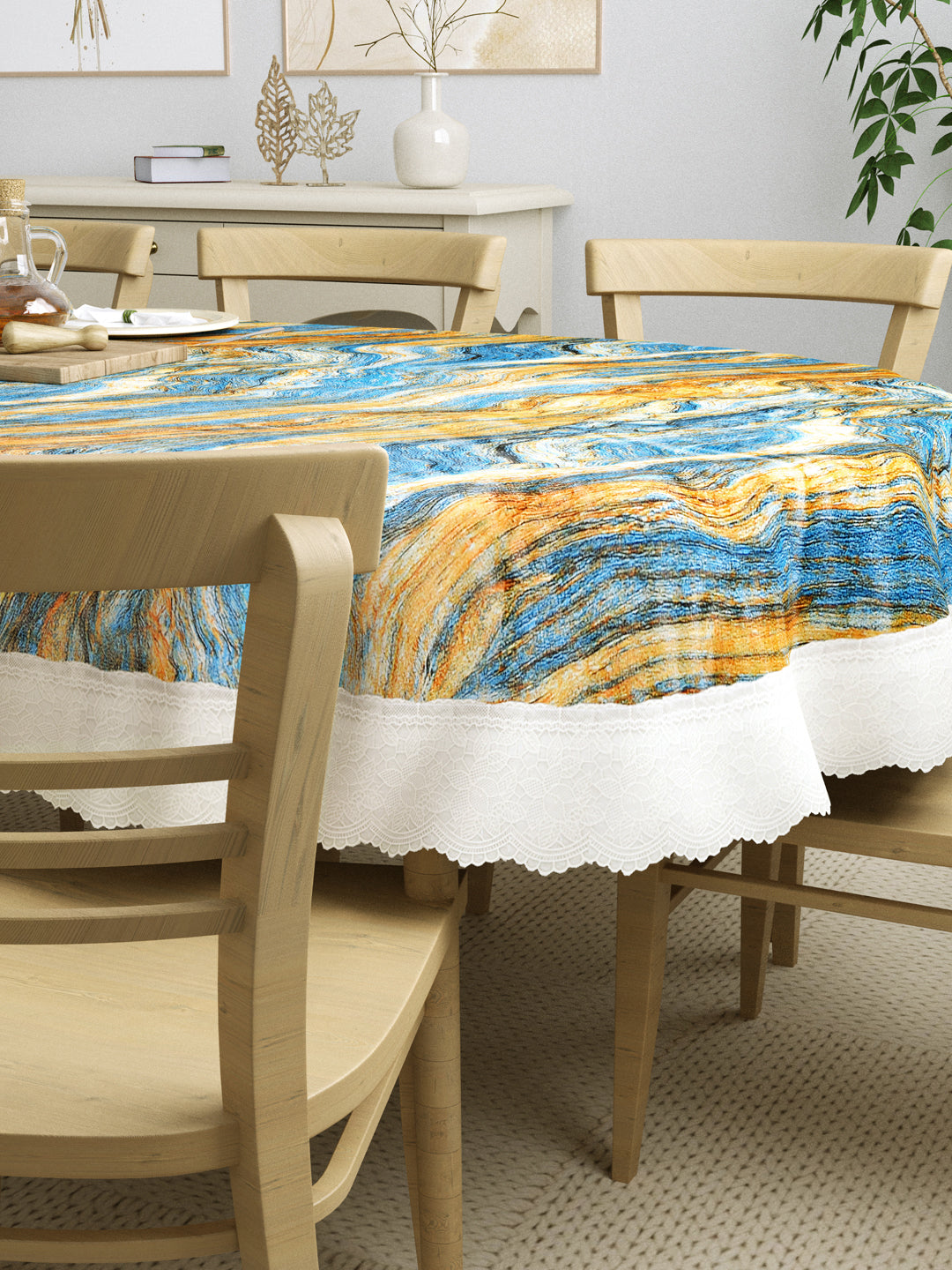 8 Seater Oval Dining Table Cover; 60x108 Inches; Material - PVC; Anti Slip; Blue & Golden Abstract