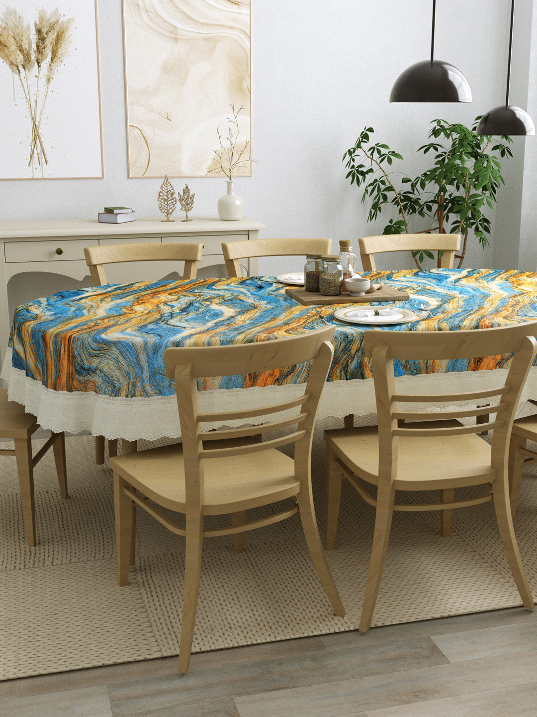 8 Seater Oval Dining Table Cover; 60x108 Inches; Material - PVC; Anti Slip; Blue & Golden Abstract