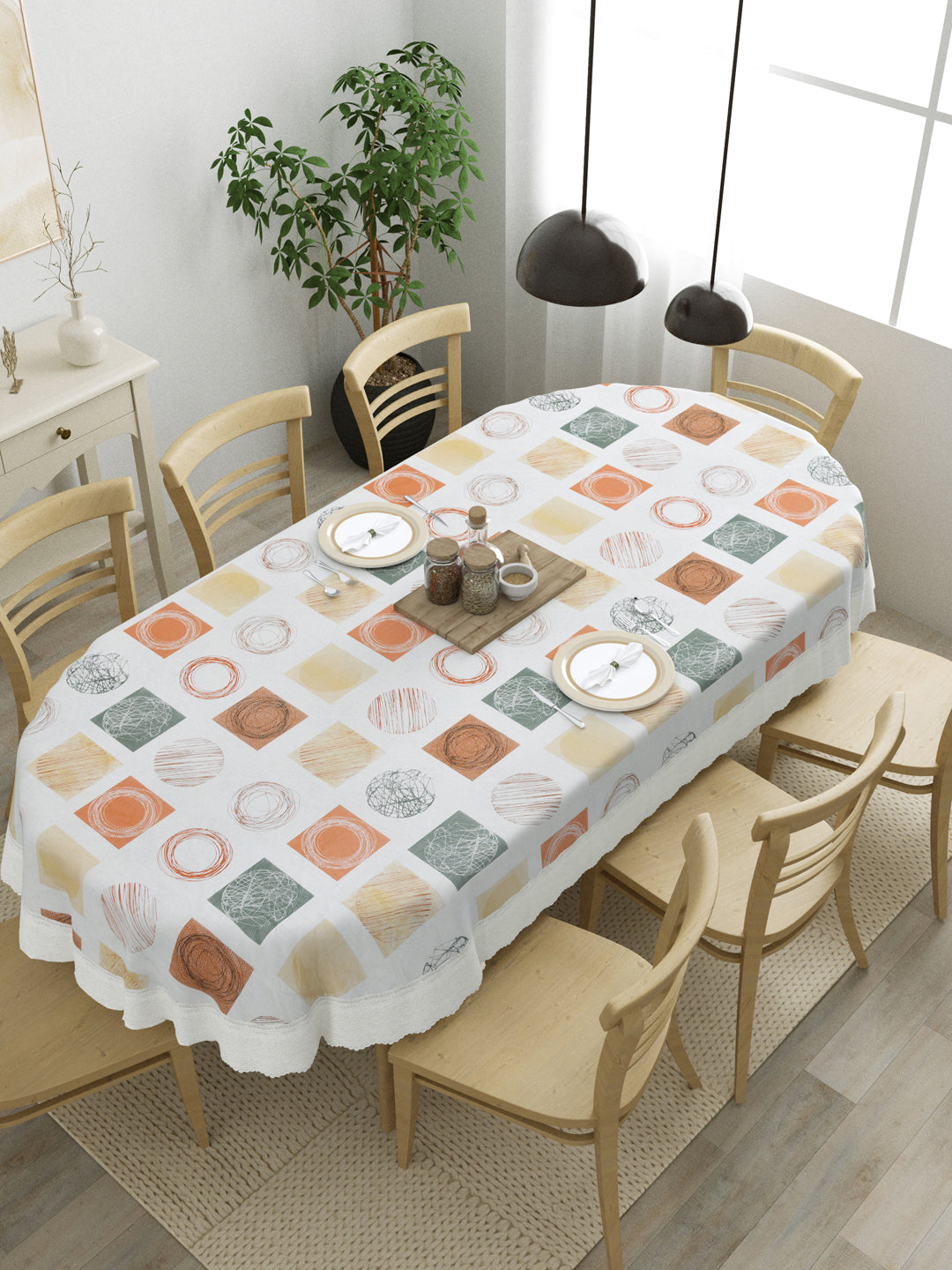 Oval Dining Table Cover; Material - PVC; Anti Slip; Multicolor Squares & Circles