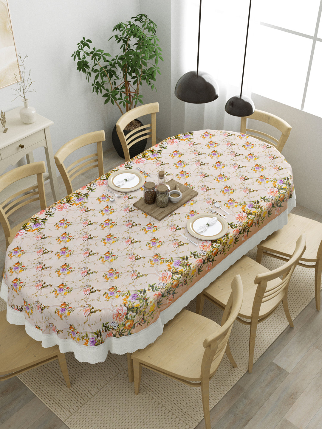 Oval Dining Table Cover; Material - PVC; Anti Slip; Yellow Orange Flowers