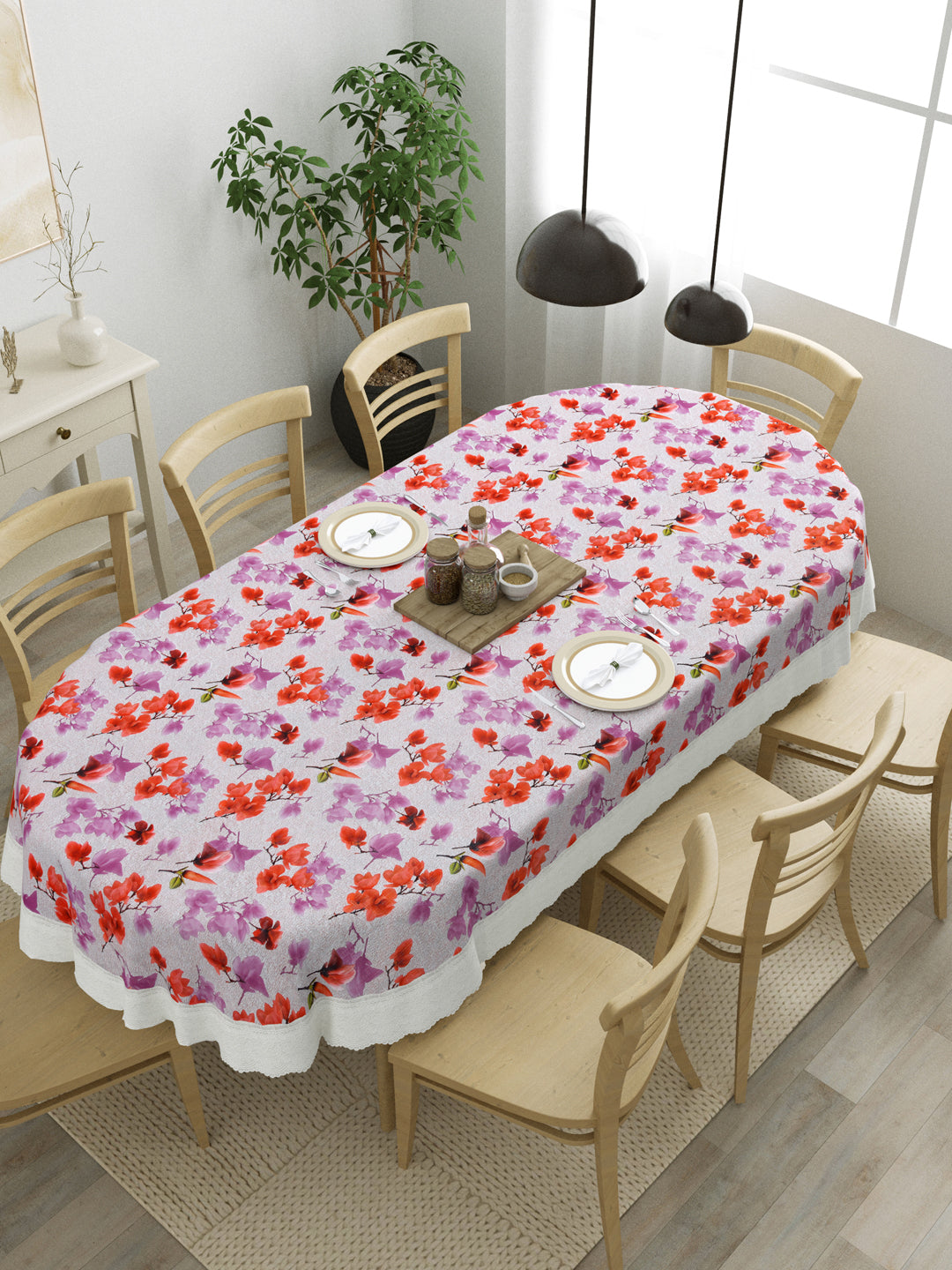 Oval Dining Table Cover; Material - PVC; Anti Slip; Orange & Red Tulips