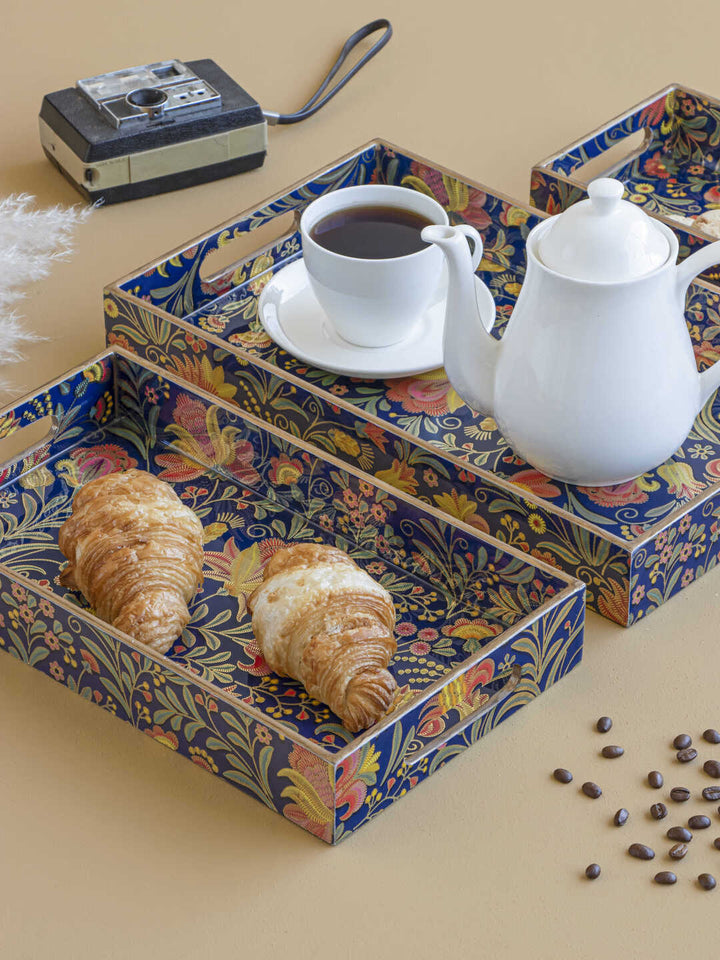 Set of 3 Wooden Trays | Serving & Dining Tray | Multicolor Leaf