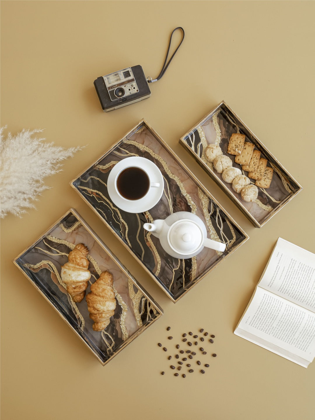 Set of 3 Wooden Trays | Serving & Dining Tray | Brown Golden Abstract