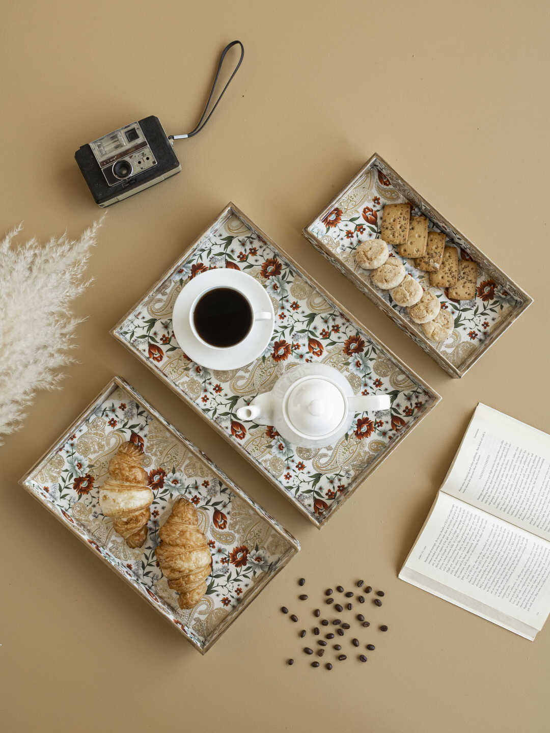 Set of 3 Wooden Trays | Serving & Dining Tray | Golden White Flowers