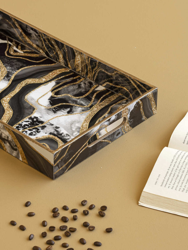 Set of 3 Wooden Trays | Serving & Dining Tray | Black Golden Abstract