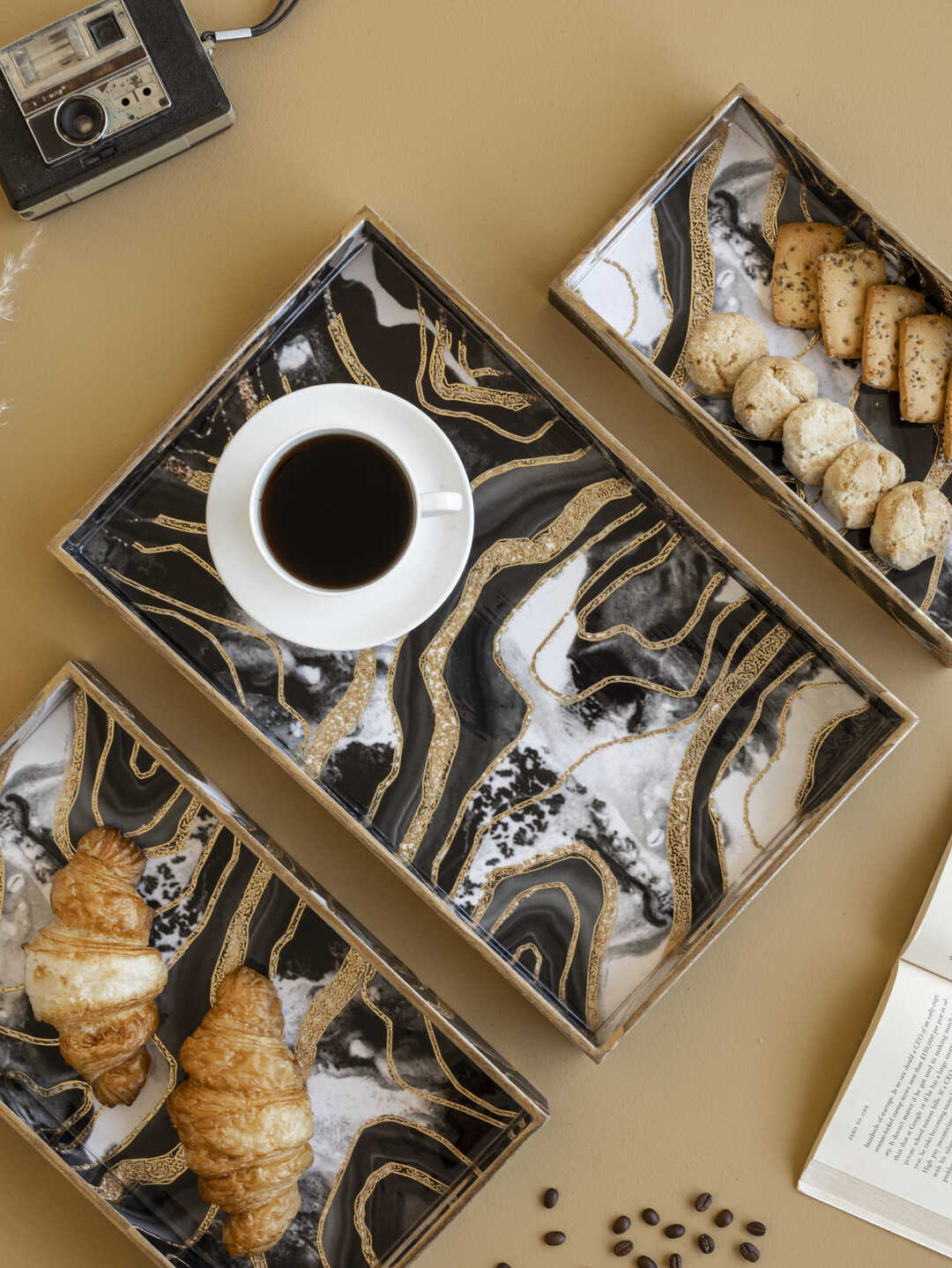 Set of 3 Wooden Trays | Serving & Dining Tray | Black Golden Abstract