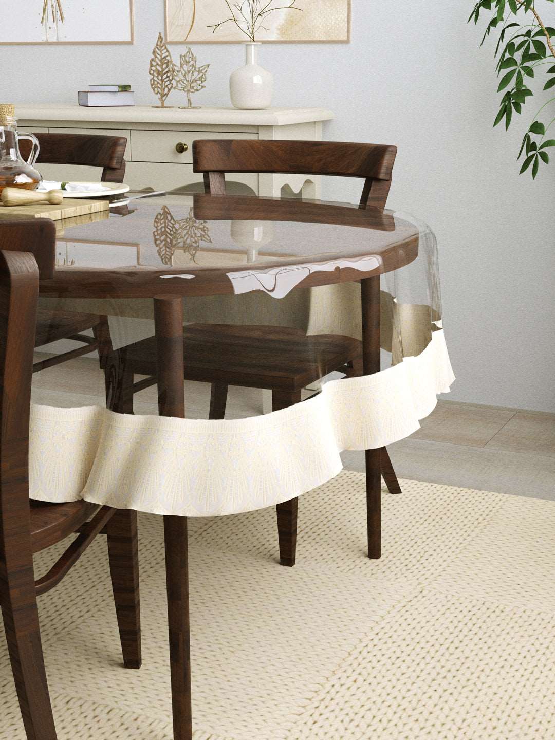 4 Seater Anti Slip Oval Transparent Table Cover 54x78 Inches ; Cream Lace