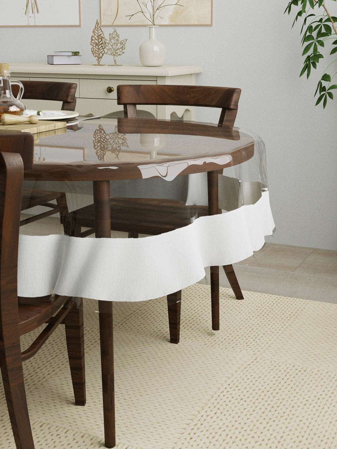 4 Seater Anti Slip Oval Transparent Table Cover 54x78 Inches ; White Lace