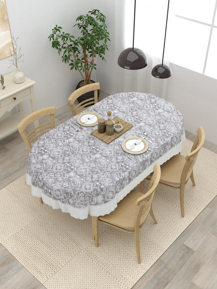 4 Seater Oval Dining Table Cover; 54x78 Inches; Material - PVC; Anti Slip; White Print On Grey