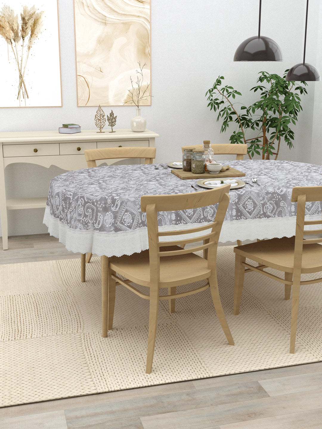 4 Seater Oval Dining Table Cover; 54x78 Inches; Material - PVC; Anti Slip; White Print On Grey