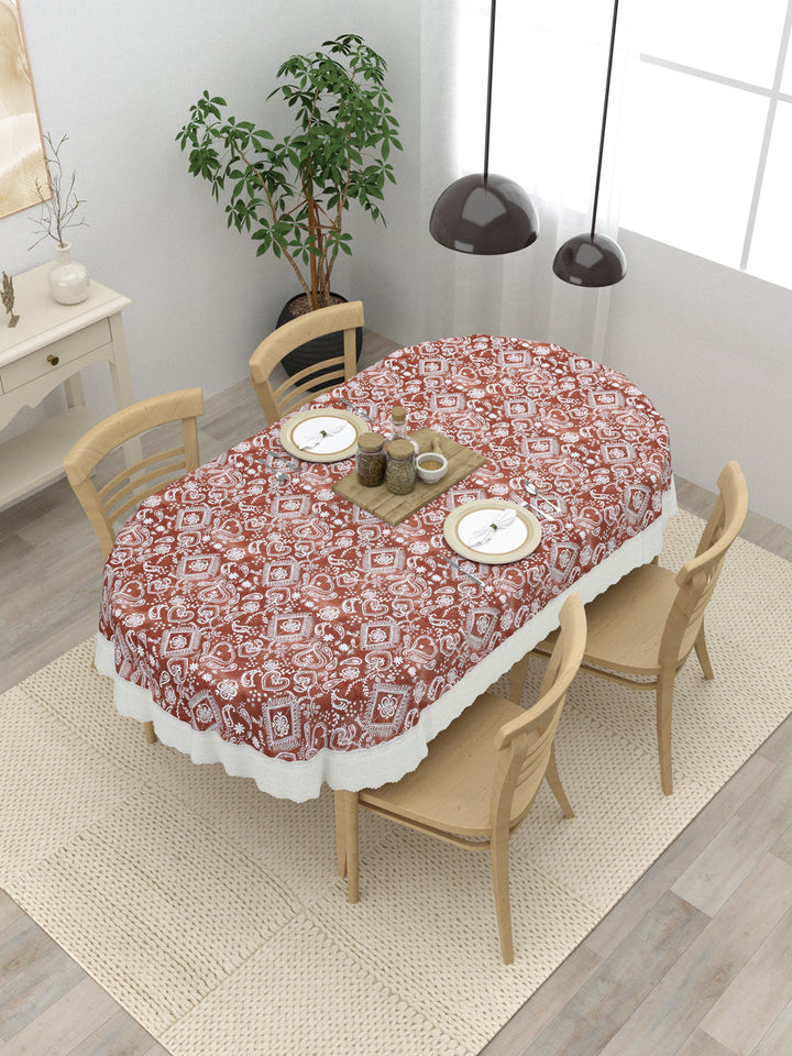 4 Seater Oval Dining Table Cover; 54x78 Inches; Material - PVC; Anti Slip; White Print On Brown