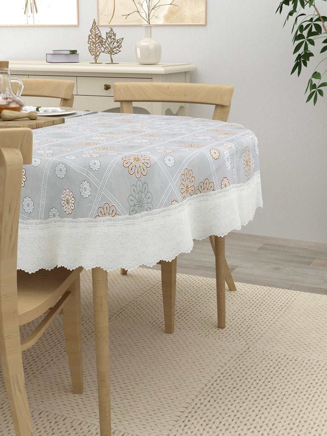 4 Seater Oval Dining Table Cover; 54x78 Inches; Material - PVC; Anti Slip; Golden Print On Grey
