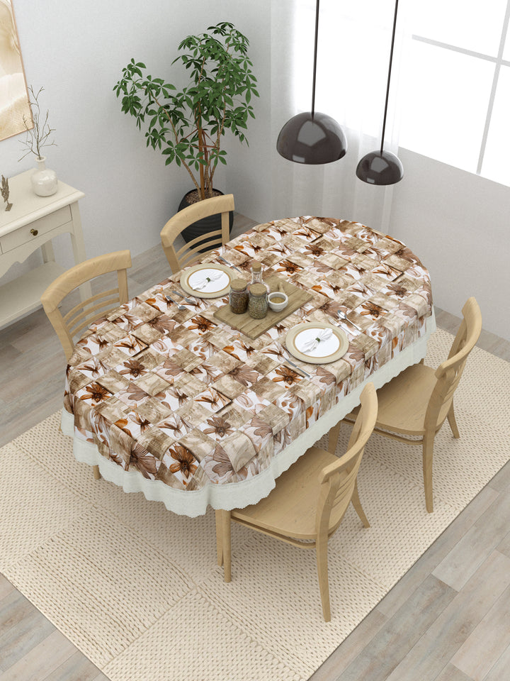4 Seater Oval Dining Table Cover; 54x78 Inches; Material - PVC; Anti Slip; Brown Flowers & Checks