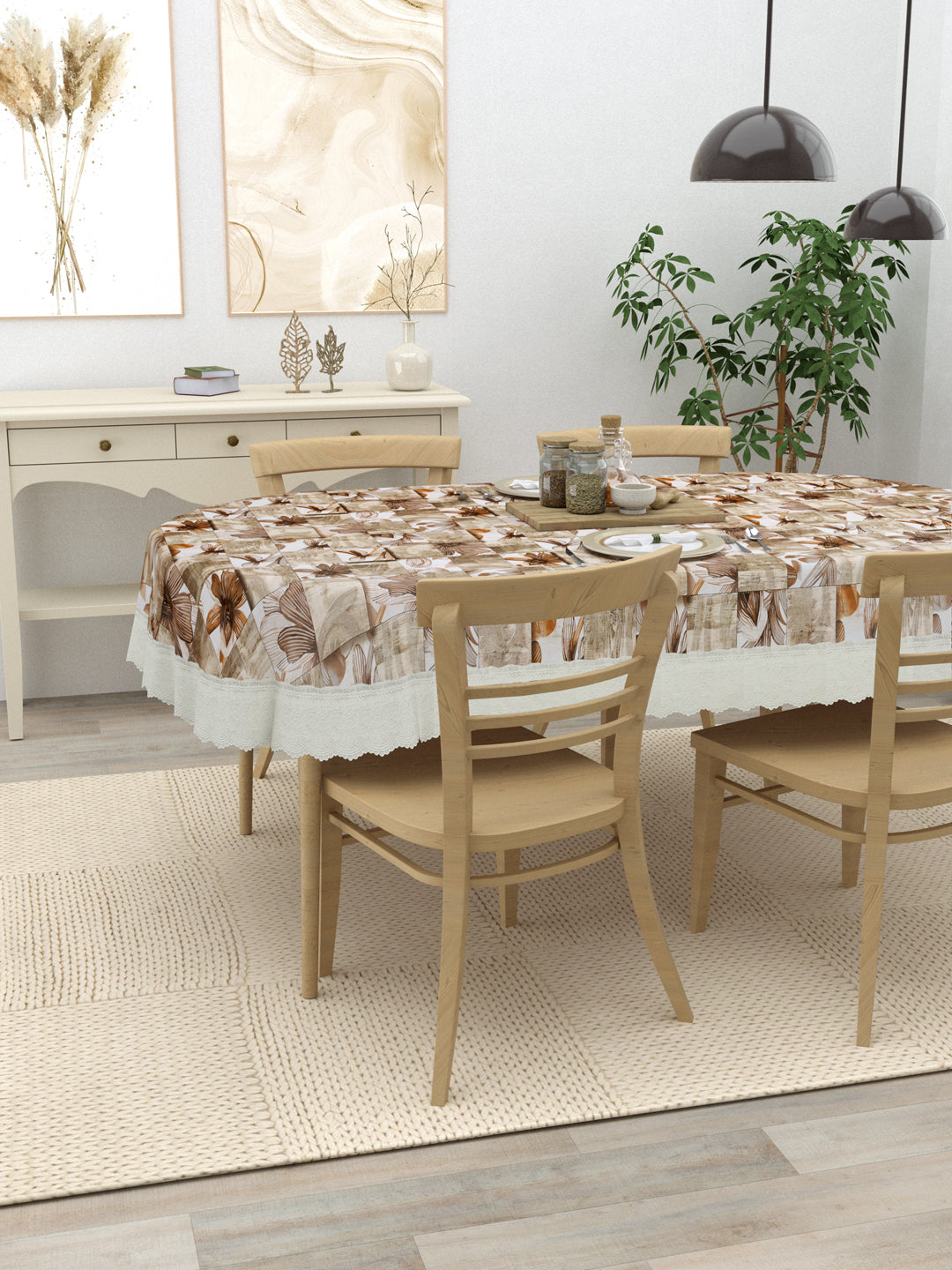 4 Seater Oval Dining Table Cover; 54x78 Inches; Material - PVC; Anti Slip; Brown Flowers & Checks