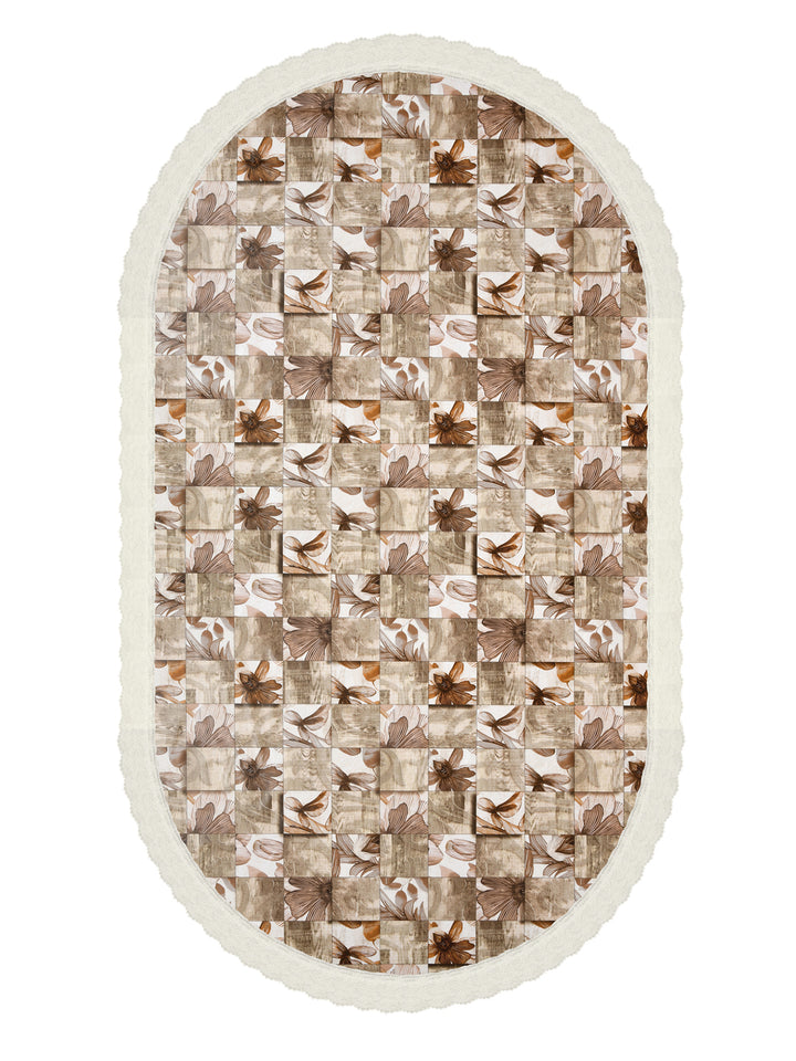 4 Seater Oval Dining Table Cover; 54x78 Inches; Material - PVC; Anti Slip; Brown Flowers & Checks