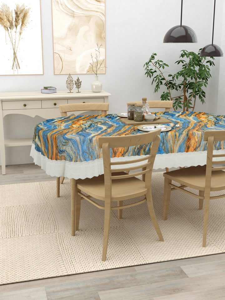 4 Seater Oval Dining Table Cover; 54x78 Inches; Material - PVC; Anti Slip; Blue & Golden Abstract