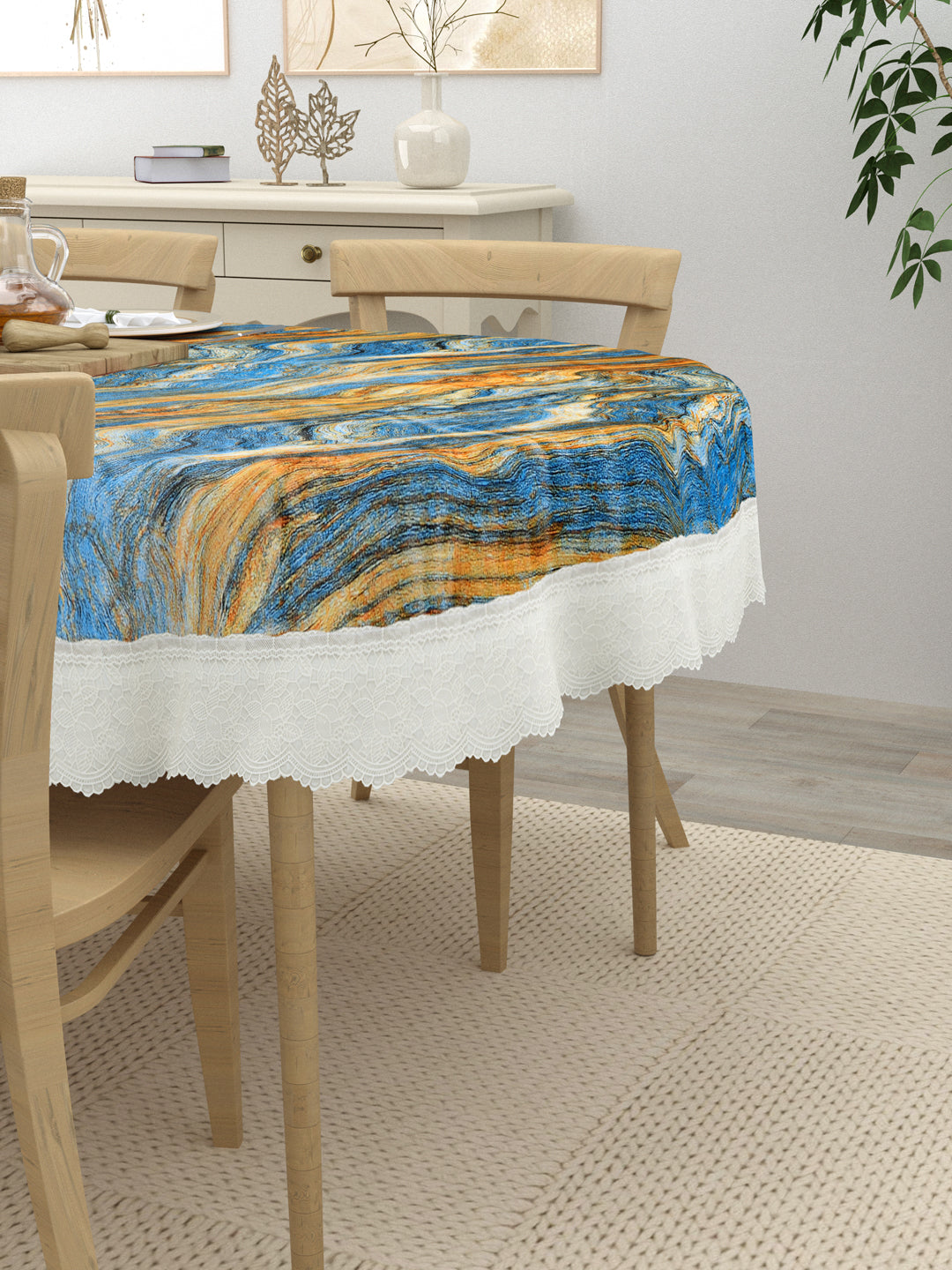 4 Seater Oval Dining Table Cover; 54x78 Inches; Material - PVC; Anti Slip; Blue & Golden Abstract