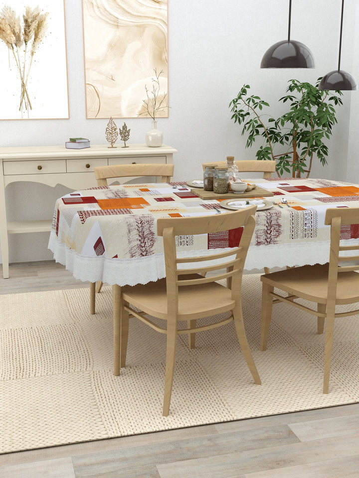 4 Seater Oval Dining Table Cover; 54x78 Inches; Material - PVC; Anti Slip; Orange & Maroon Checks