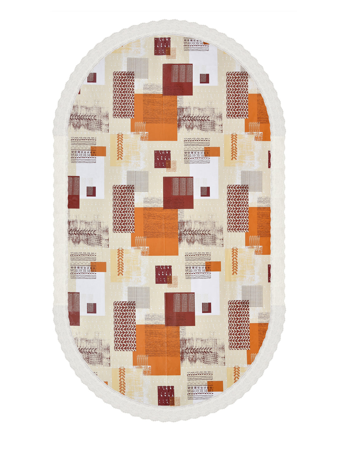 4 Seater Oval Dining Table Cover; 54x78 Inches; Material - PVC; Anti Slip; Orange & Maroon Checks