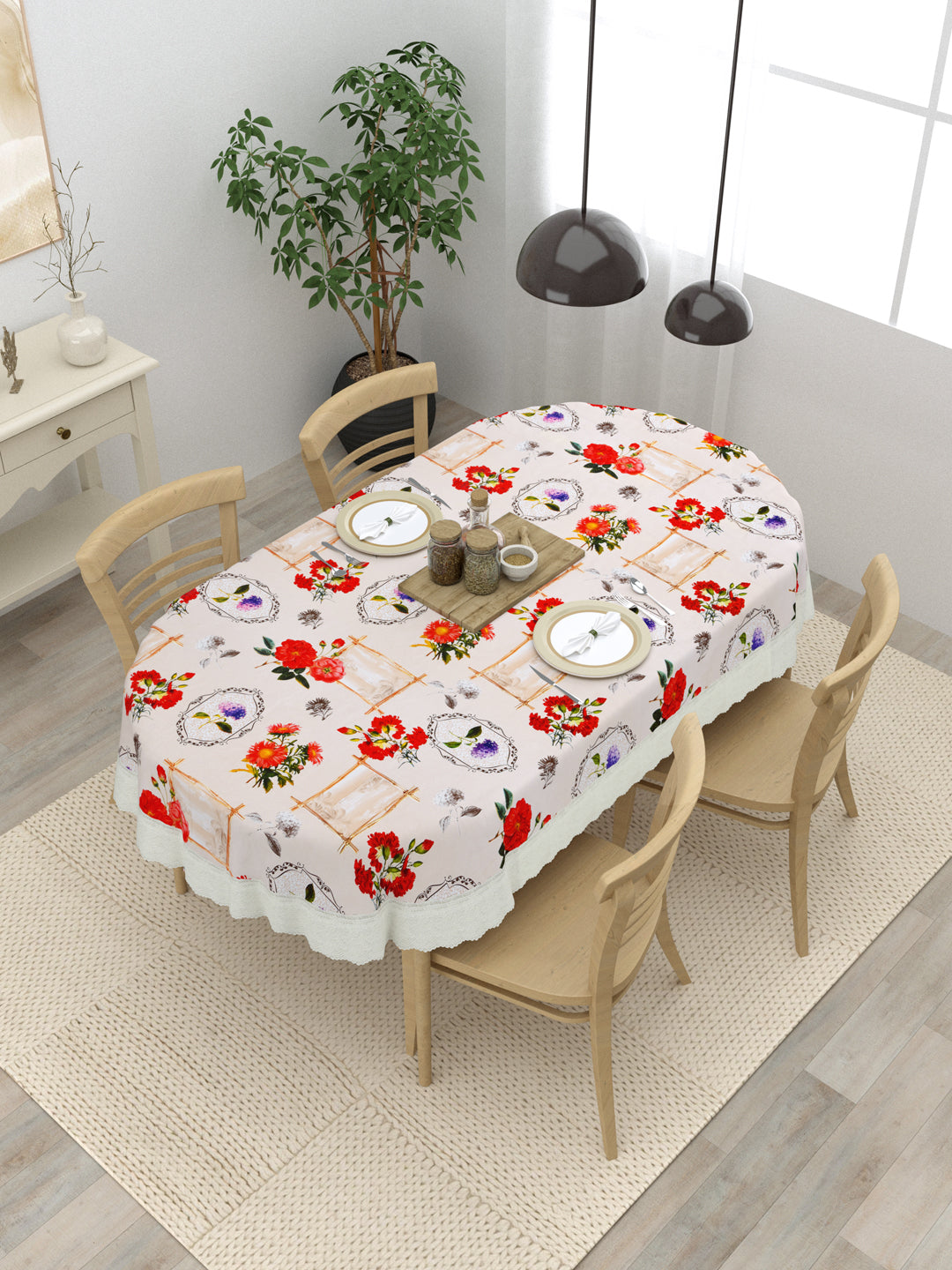 4 Seater Oval Dining Table Cover; 54x78 Inches; Material - PVC; Anti Slip; Red & Voilet Flowers