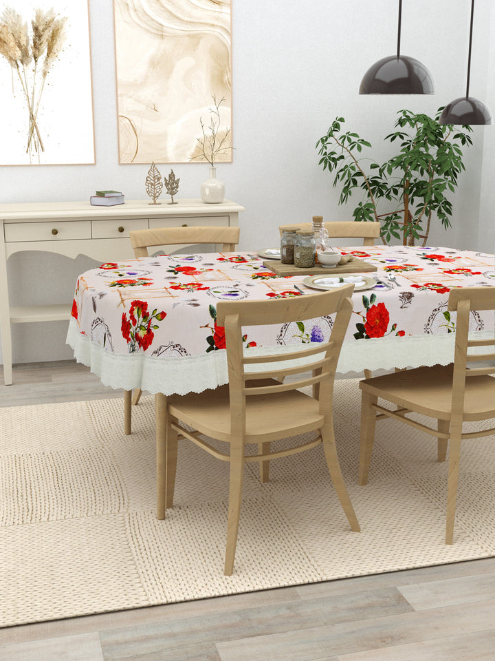 4 Seater Oval Dining Table Cover; 54x78 Inches; Material - PVC; Anti Slip; Red & Voilet Flowers