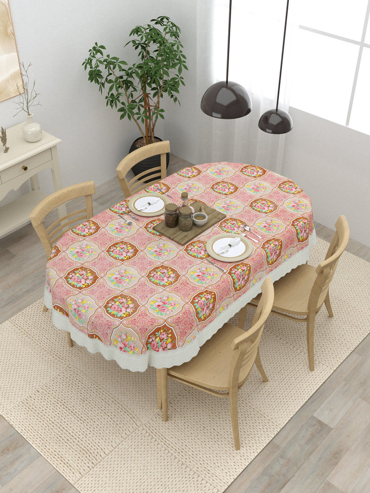 Oval Dining Table Cover; Material - PVC; Anti Slip; Multicolor Flowers In Checks