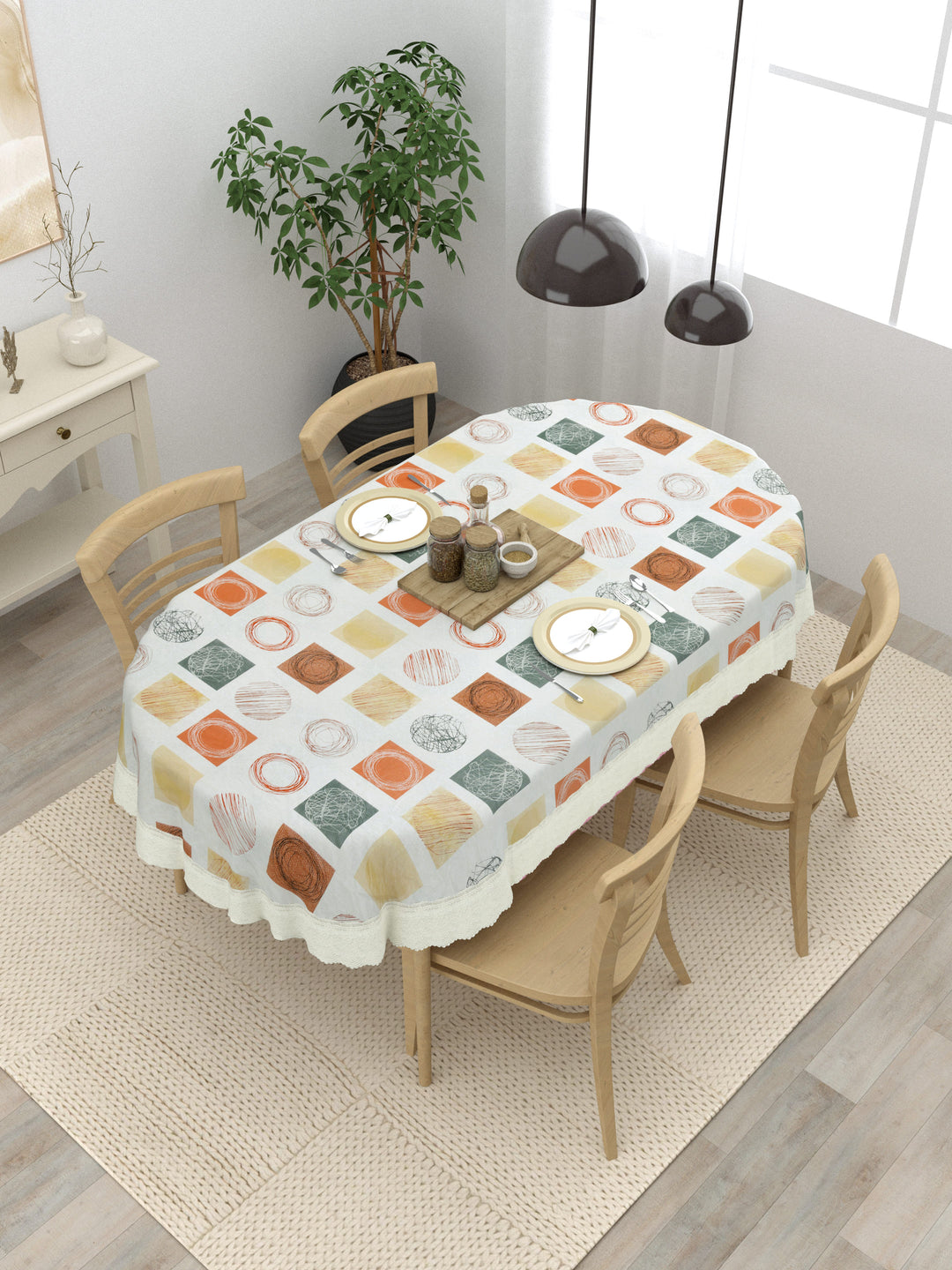 Oval Dining Table Cover; Material - PVC; Anti Slip; Multicolor Squares & Circles