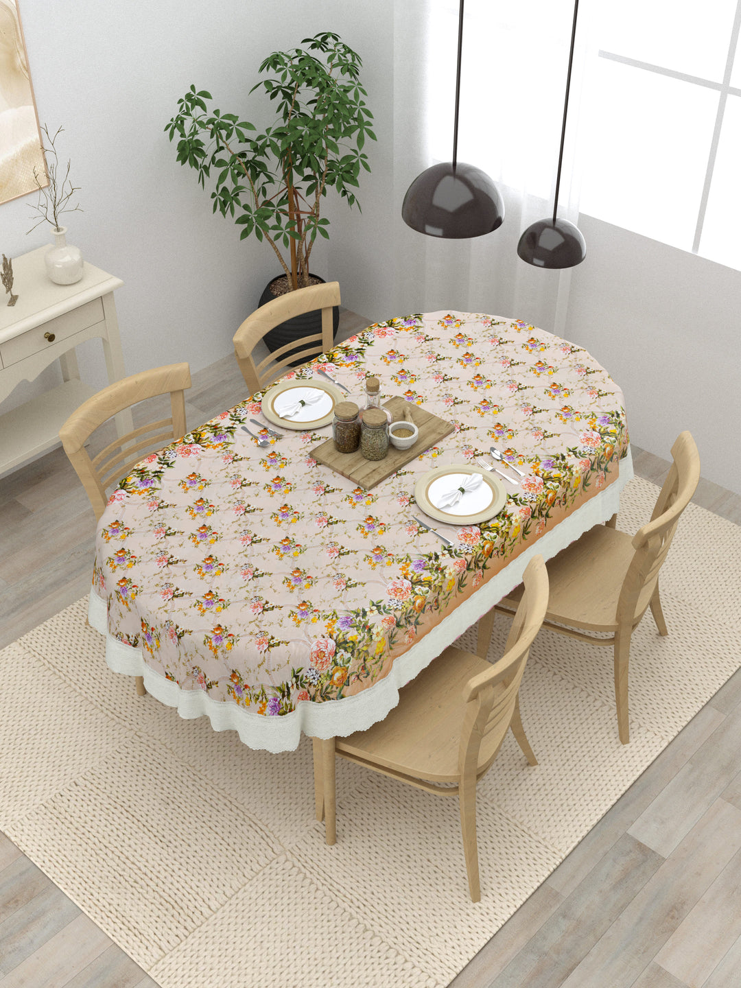 Oval Dining Table Cover; Material - PVC; Anti Slip; Yellow Orange Flowers