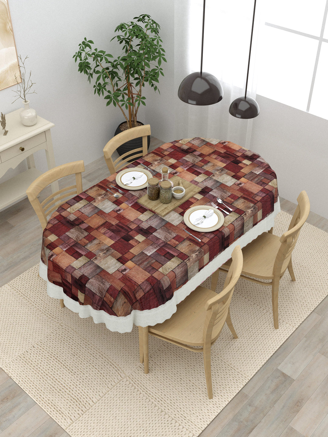 Oval Dining Table Cover; Material - PVC; Anti Slip; Brown Geometric