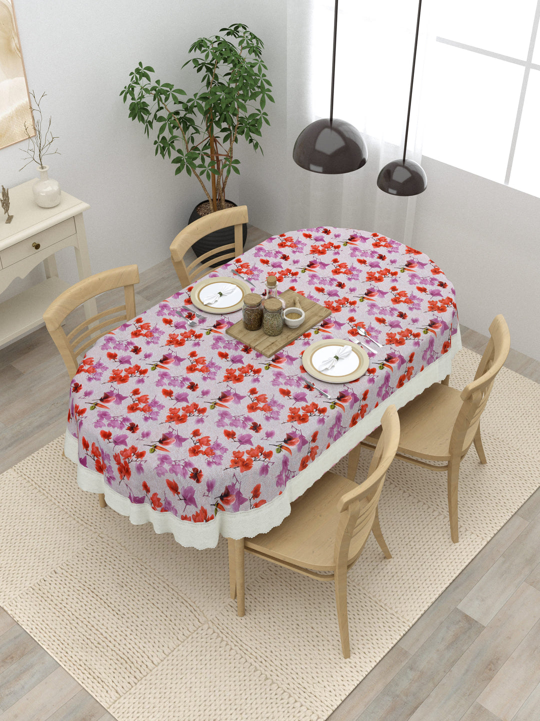 Oval Dining Table Cover; Material - PVC; Anti Slip; Red Pink Flowers & Birds