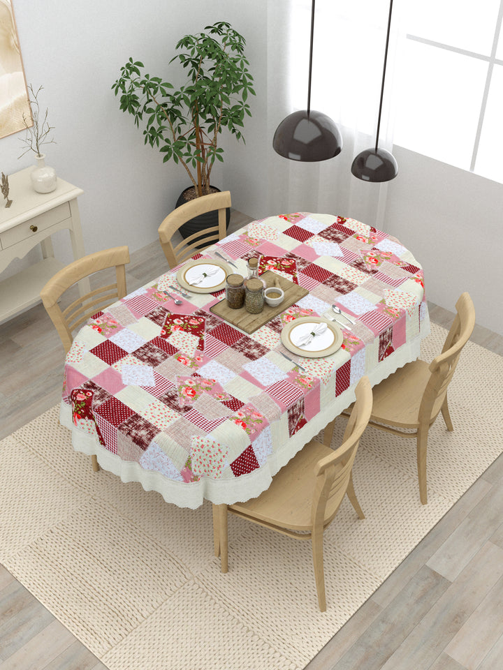 The Home Story  4 Seater Oval Dining Table Cover; 54x78 Inches; PVC; Patchwork Checks