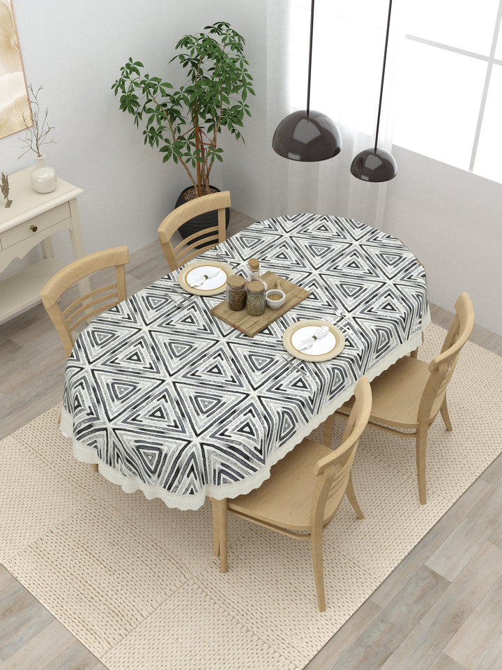 The Home Story  4 Seater Oval Dining Table Cover; 54x78 Inches; PVC; White Grey Geometric