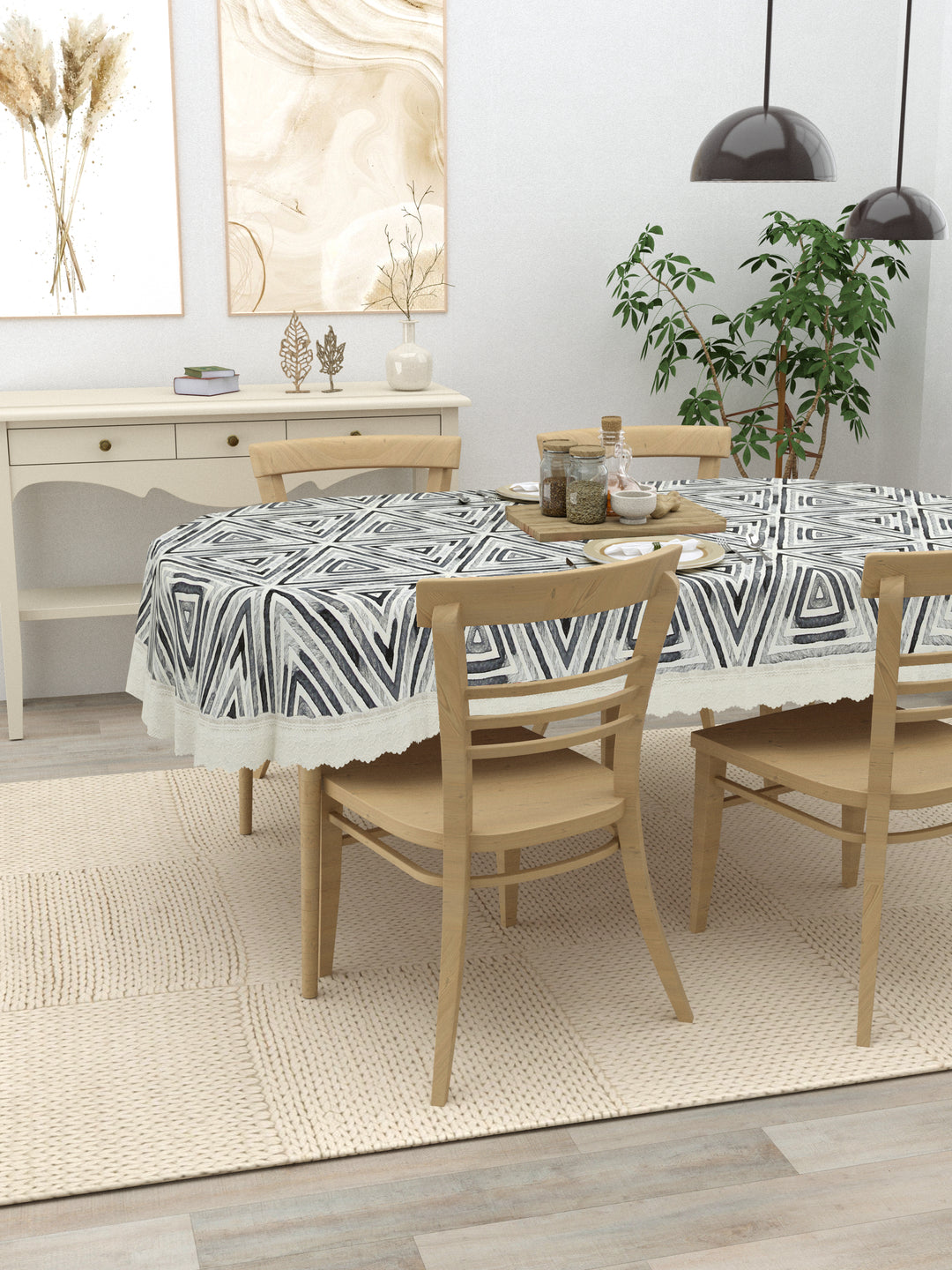 The Home Story  4 Seater Oval Dining Table Cover; 54x78 Inches; PVC; White Grey Geometric