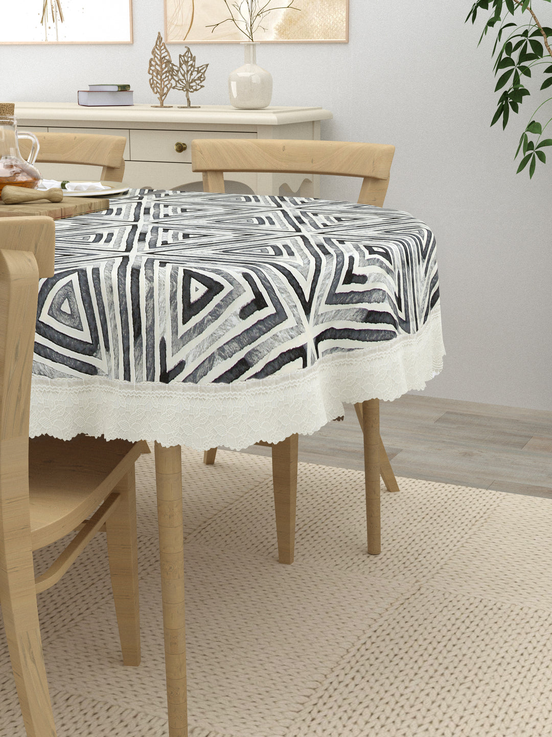 The Home Story  4 Seater Oval Dining Table Cover; 54x78 Inches; PVC; White Grey Geometric