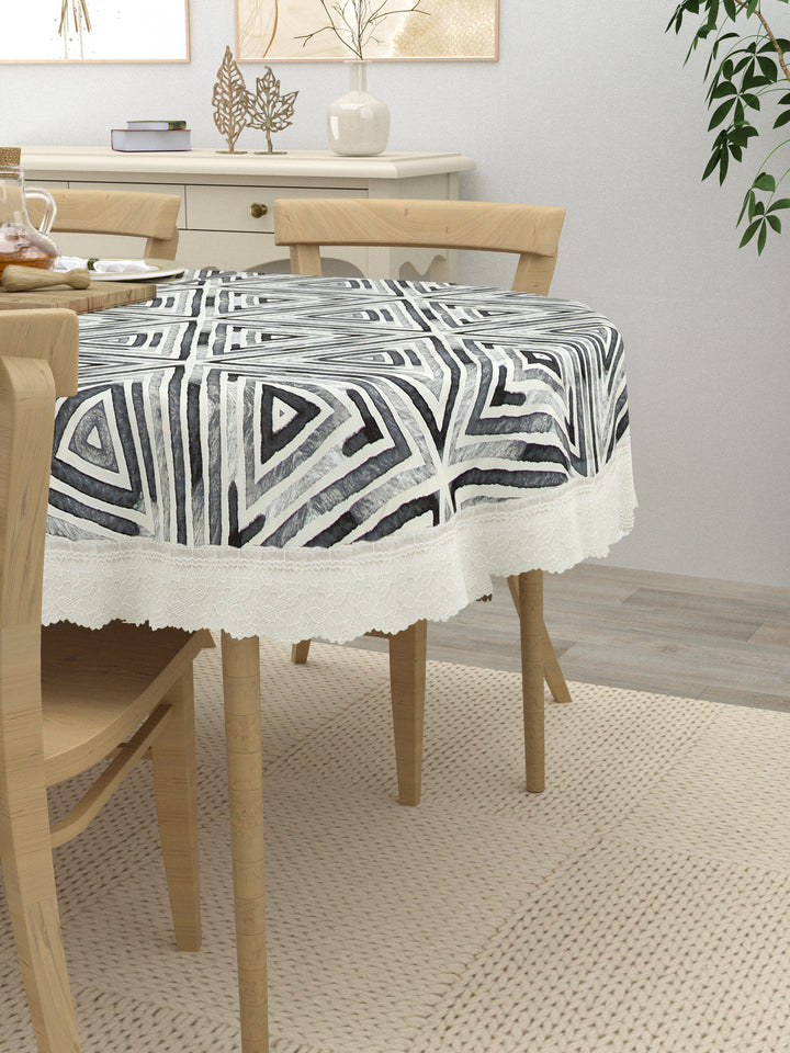 The Home Story  4 Seater Oval Dining Table Cover; 54x78 Inches; PVC; White Grey Geometric