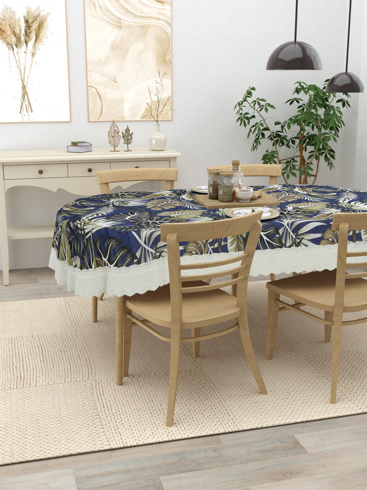 The Home Story  4 Seater Oval Dining Table Cover; 54x78 Inches; PVC; Blue Leaves