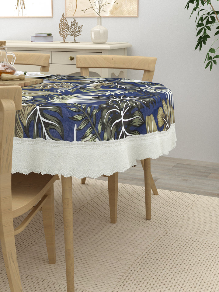 The Home Story  4 Seater Oval Dining Table Cover; 54x78 Inches; PVC; Blue Leaves