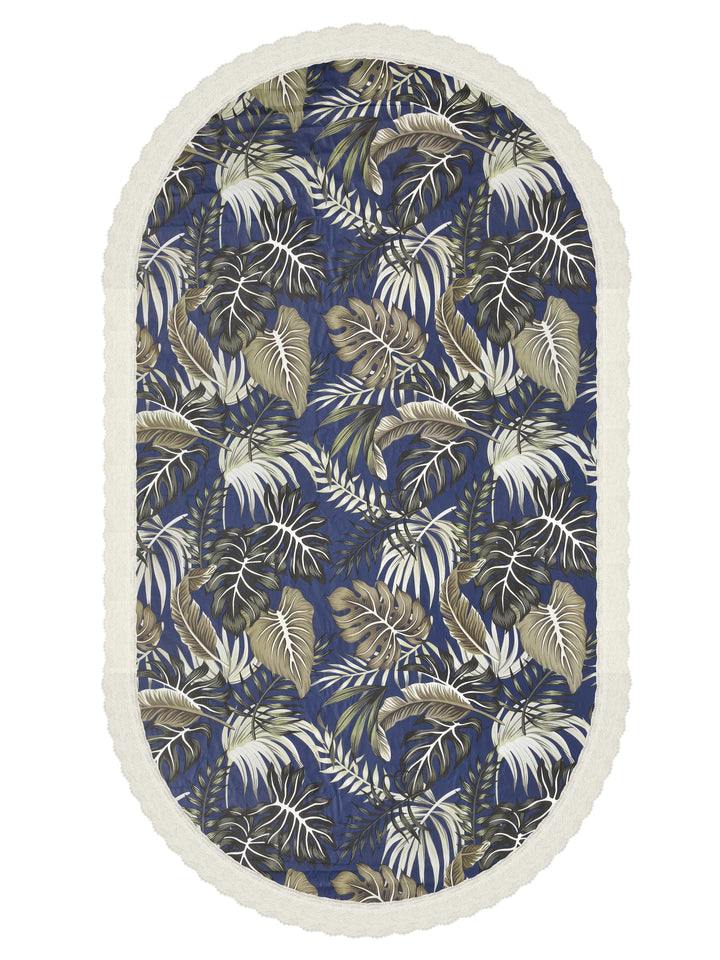 The Home Story  4 Seater Oval Dining Table Cover; 54x78 Inches; PVC; Blue Leaves