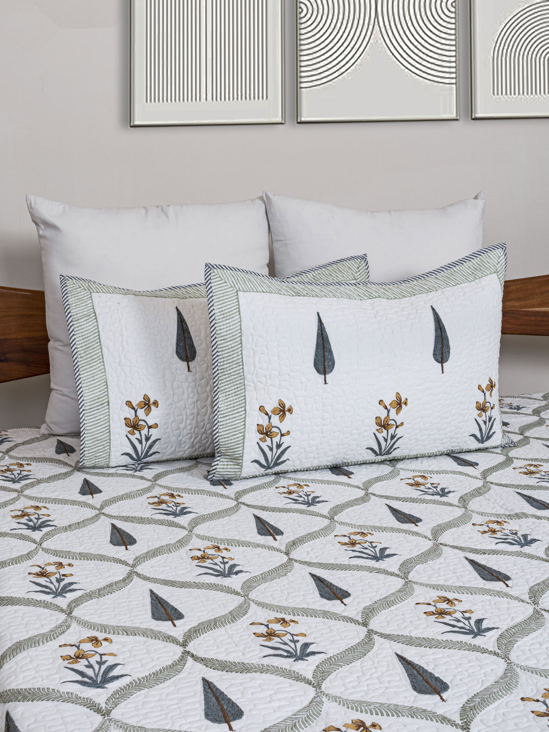 Cotton King Size Bed Cover With 2 Pillow Covers; Block Print Grey Tree