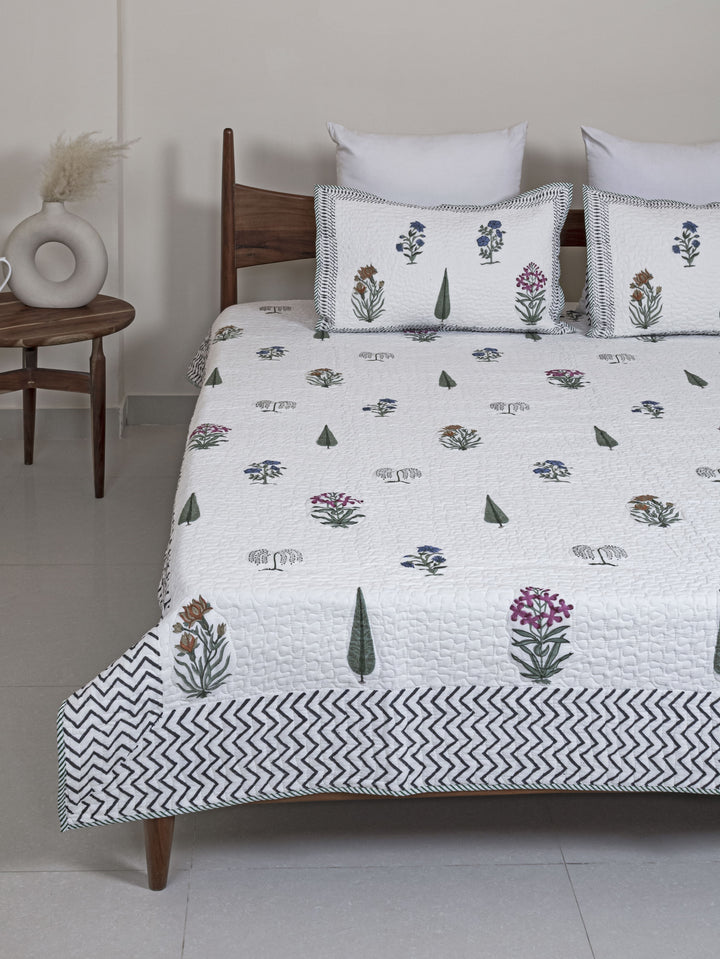 Cotton King Size Bed Cover With 2 Pillow Covers; Block Print Multi Flowers
