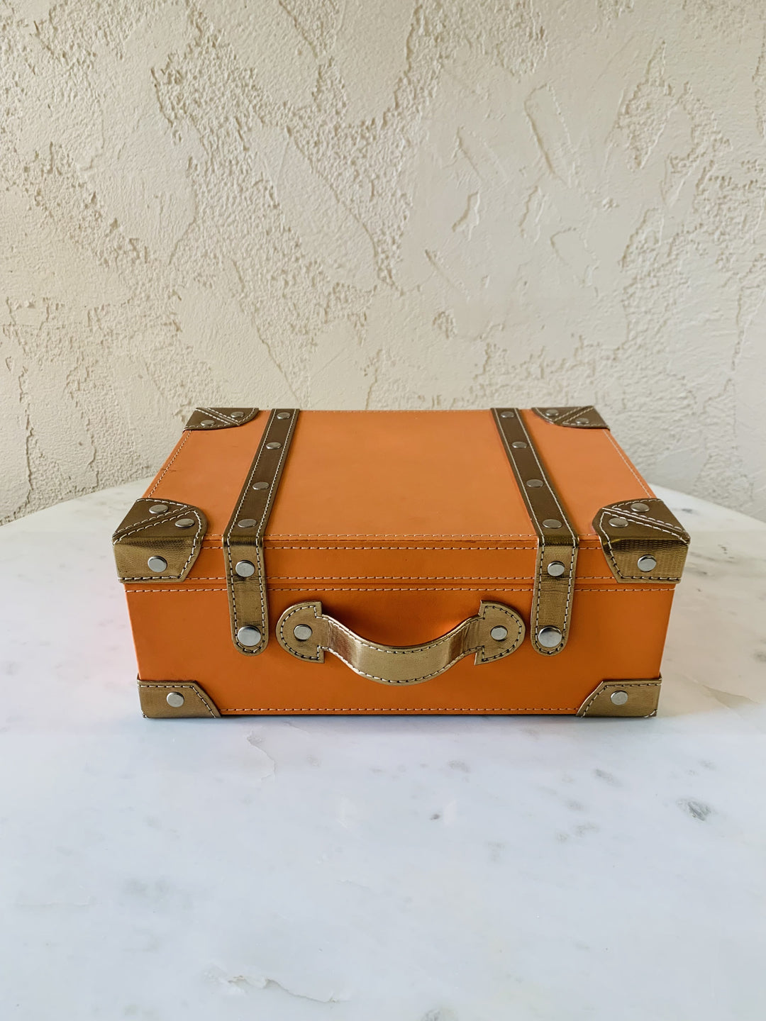 Leather Box With Handle; Orange & Golden